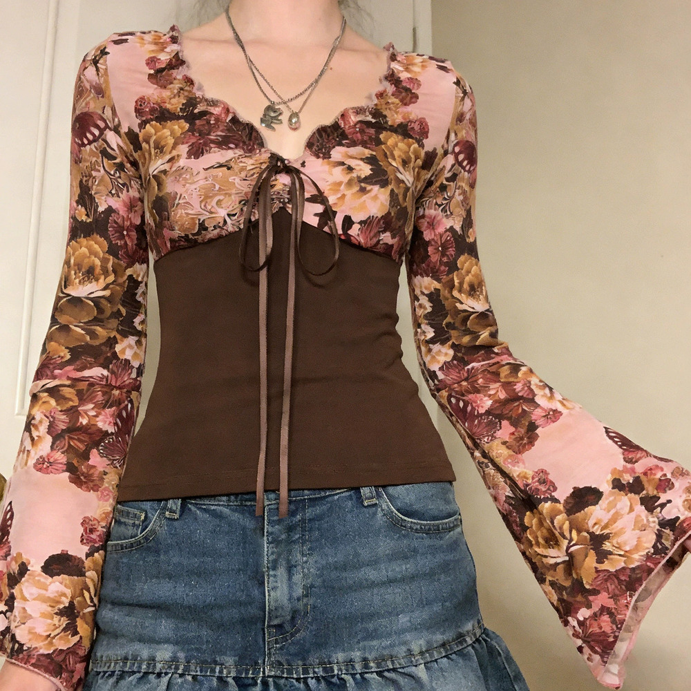 ZARA French Retro Floral Butterfly Print Long Sleeve Tie Neck Bell Sleeve Top